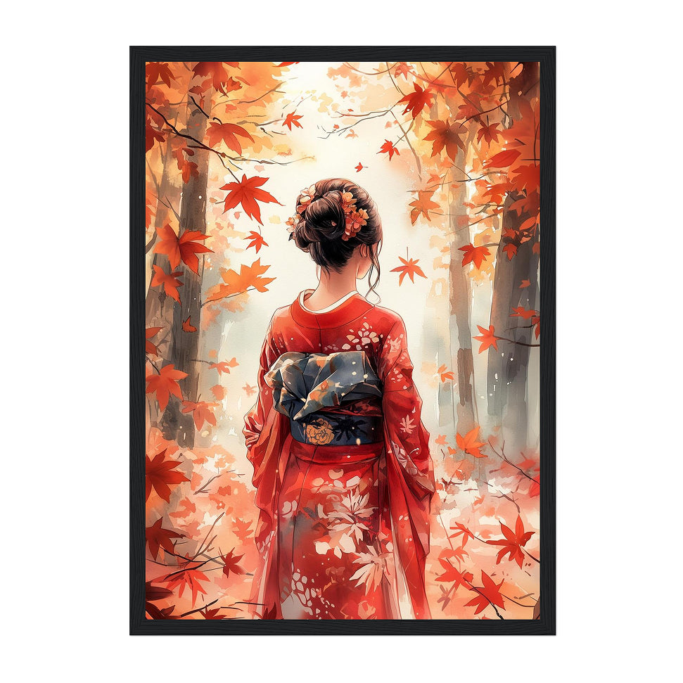 Japanese Autumn Kimono Art Print: Red Maple Leaves Serene Forest Scene