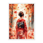 Japanese Autumn Kimono Art Print: Red Maple Leaves Serene Forest Scene