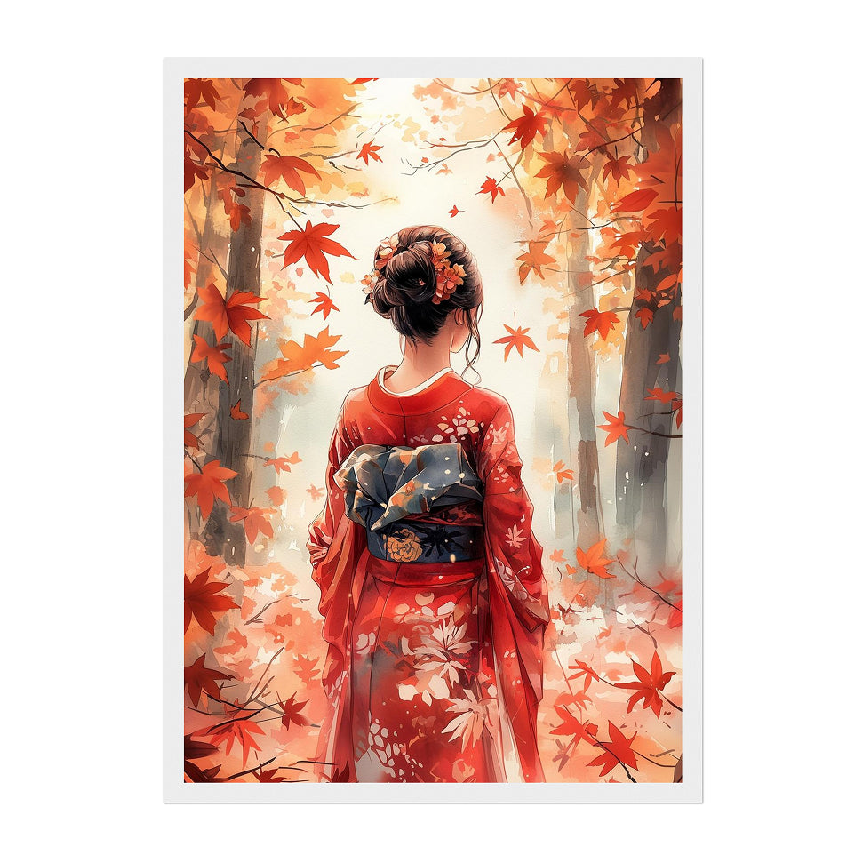 Japanese Autumn Kimono Art Print: Red Maple Leaves Serene Forest Scene