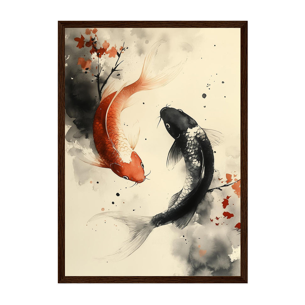 Japanese Ink Koi Fish Art Print: Red Black Calm Balance Water Scene