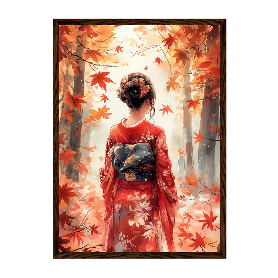 Japanese Autumn Kimono Art Print: Red Maple Leaves Serene Forest Scene