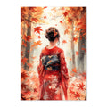 Japanese Autumn Kimono Art Print: Red Maple Leaves Serene Forest Scene
