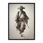 Framed artwork of a samurai in traditional attire with a hat and sword on a beige background