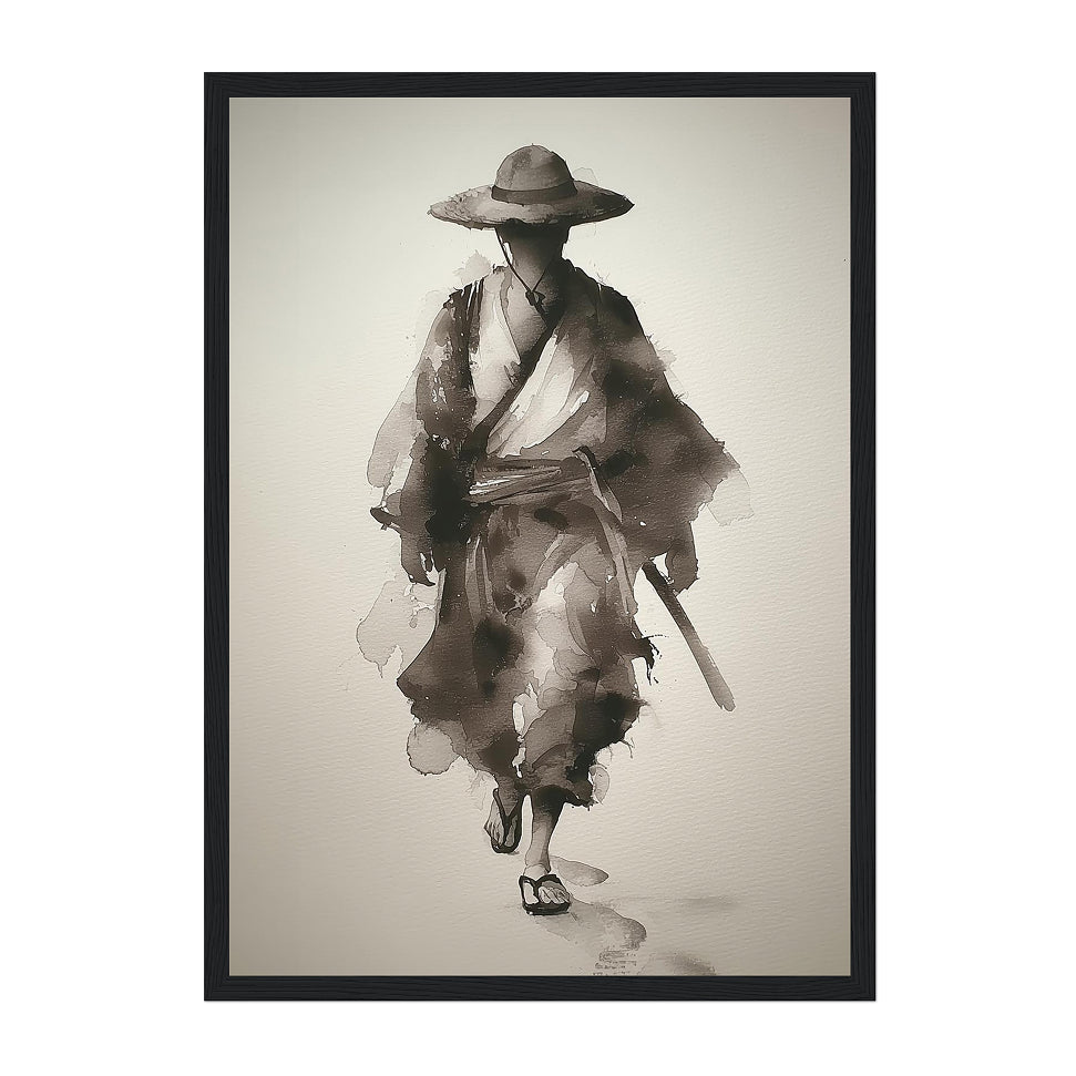 Framed artwork of a samurai in traditional attire with a hat and sword on a beige background