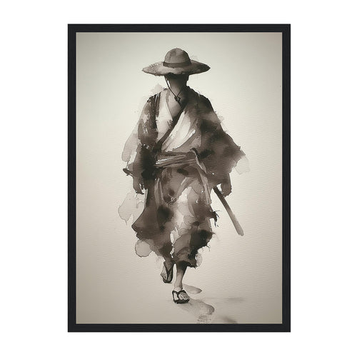 Framed artwork of a samurai in traditional attire with a hat and sword on a beige background