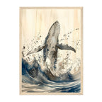Ink Wash Humpback Whale Art Print: Blue Black Minimal Ocean Splash Scene