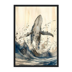 Ink Wash Humpback Whale Art Print: Blue Black Minimal Ocean Splash Scene