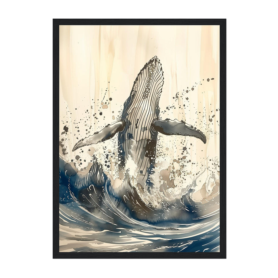 Ink Wash Humpback Whale Art Print: Blue Black Minimal Ocean Splash Scene