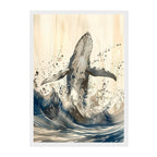Ink Wash Humpback Whale Art Print: Blue Black Minimal Ocean Splash Scene