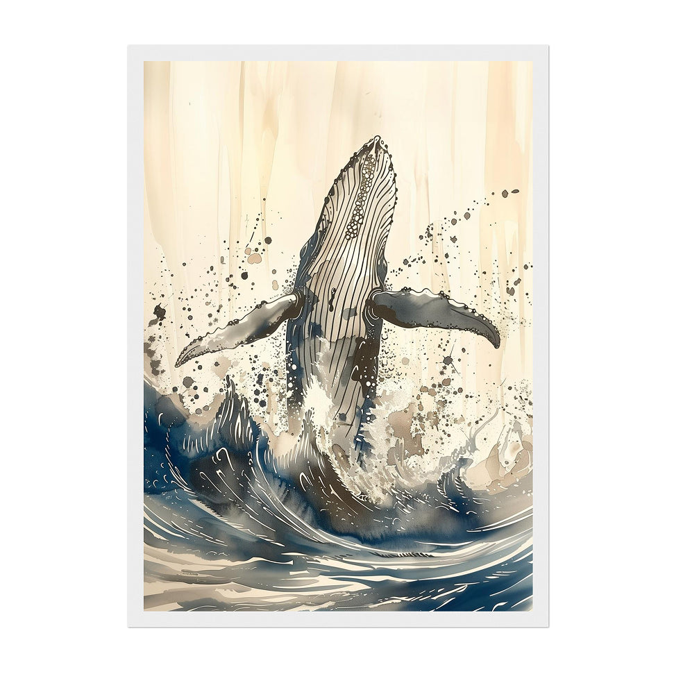 Ink Wash Humpback Whale Art Print: Blue Black Minimal Ocean Splash Scene
