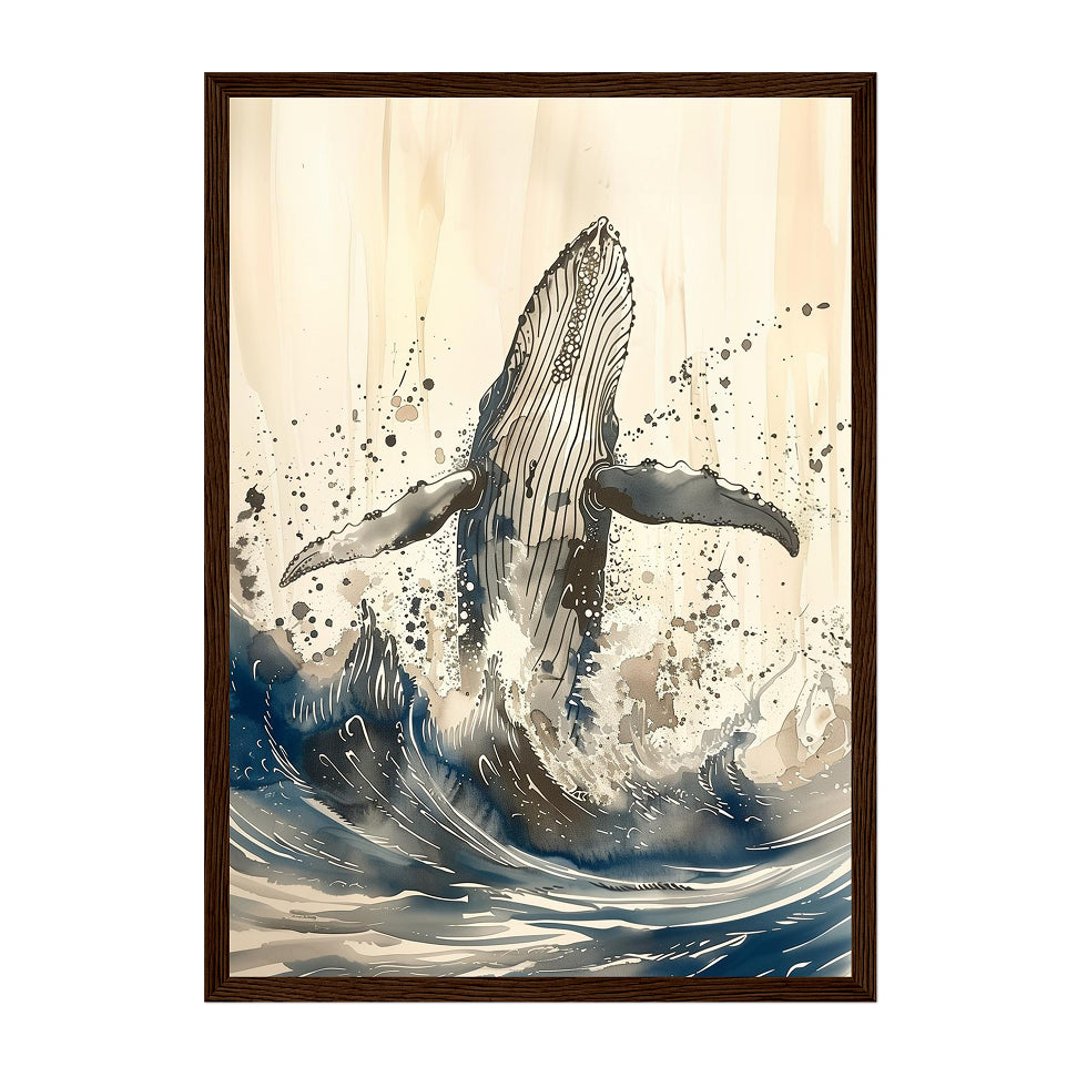 Ink Wash Humpback Whale Art Print: Blue Black Minimal Ocean Splash Scene