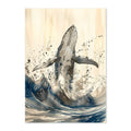 Artistic depiction of a whale emerging from water with a splashy background