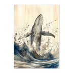 Artistic depiction of a whale emerging from water with a splashy background