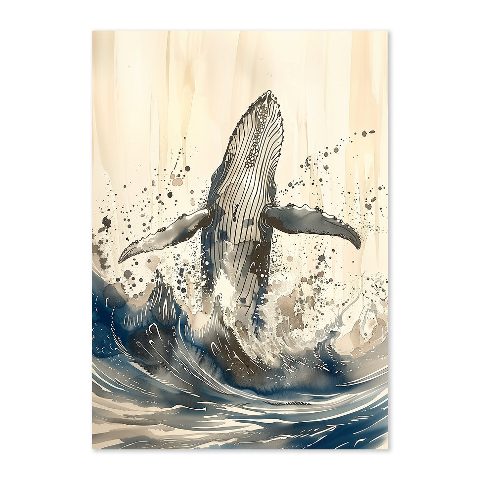 Artistic depiction of a whale emerging from water with a splashy background