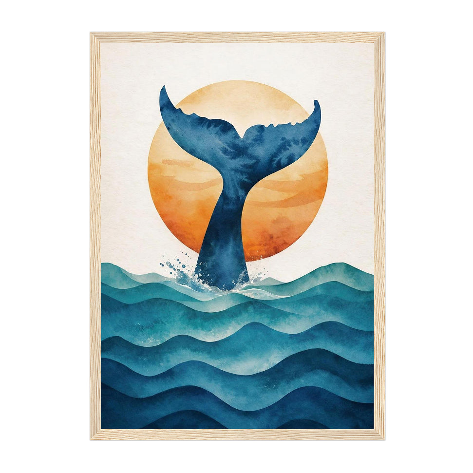 Minimal Ocean Whale Tail Art Print: Blue Sunset Coastal Silhouette Scene