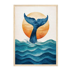 Minimal Ocean Whale Tail Art Print: Blue Sunset Coastal Silhouette Scene
