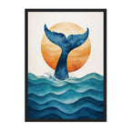 Minimal Ocean Whale Tail Art Print: Blue Sunset Coastal Silhouette Scene