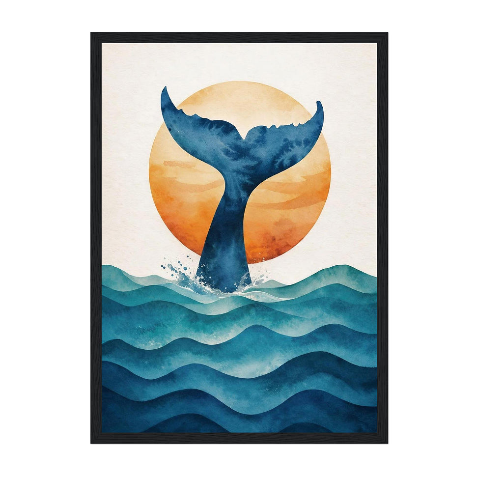 Minimal Ocean Whale Tail Art Print: Blue Sunset Coastal Silhouette Scene