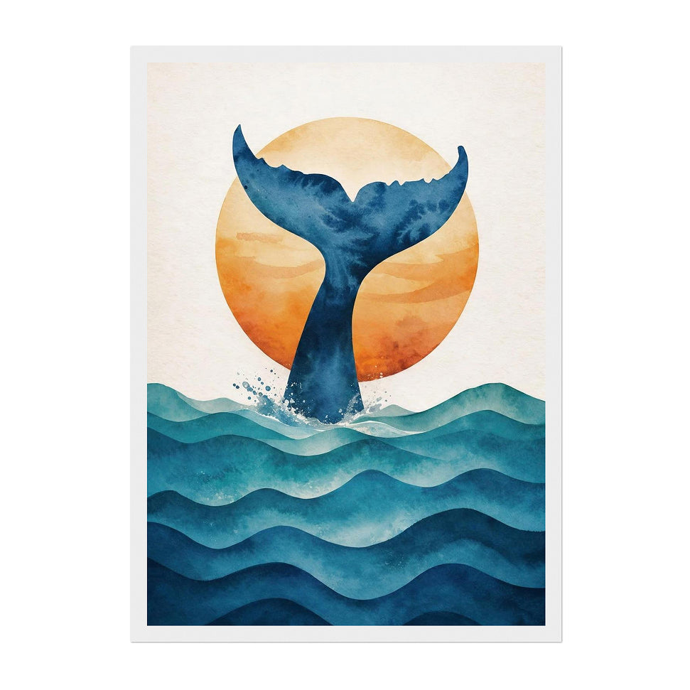 Minimal Ocean Whale Tail Art Print: Blue Sunset Coastal Silhouette Scene