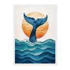 Minimal Ocean Whale Tail Art Print: Blue Sunset Coastal Silhouette Scene