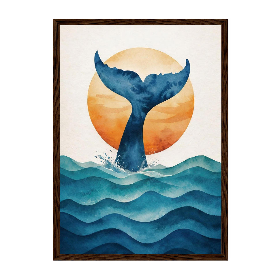 Minimal Ocean Whale Tail Art Print: Blue Sunset Coastal Silhouette Scene