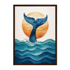 Minimal Ocean Whale Tail Art Print: Blue Sunset Coastal Silhouette Scene