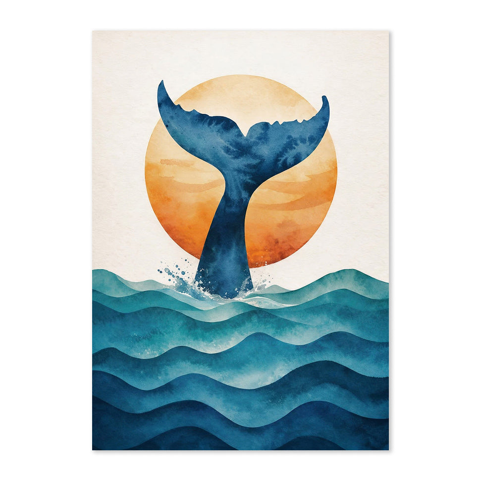 Art print with a whale tail emerging from water and an orange sun in the background.