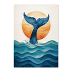 Art print with a whale tail emerging from water and an orange sun in the background.