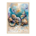 Watercolor Seashell Art Print: Teal Coastal Soft Beach Still Life Scene