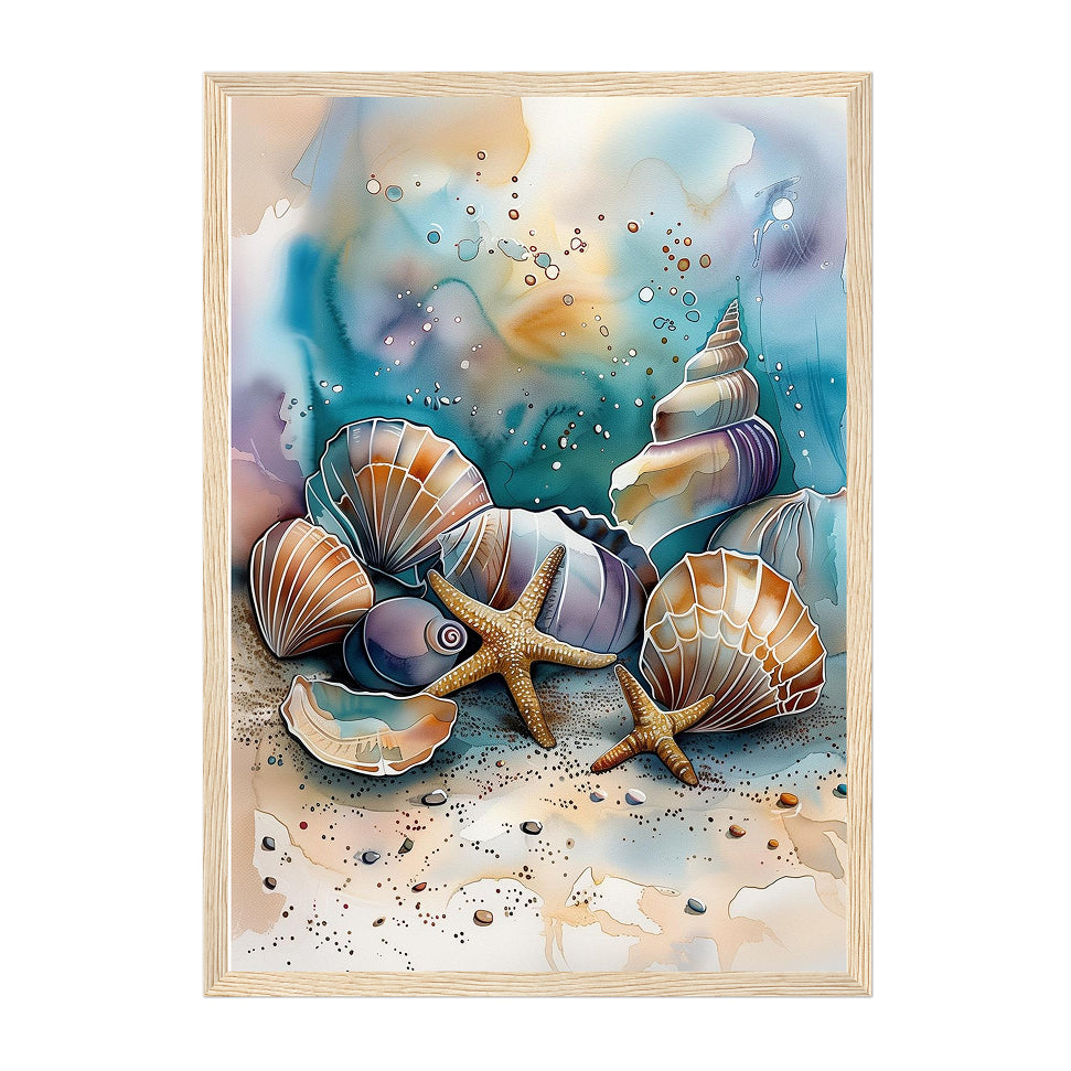 Watercolor Seashell Art Print: Teal Coastal Soft Beach Still Life Scene