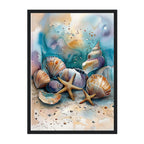 Framed artwork of seashells and a starfish on a beach with watercolor background
