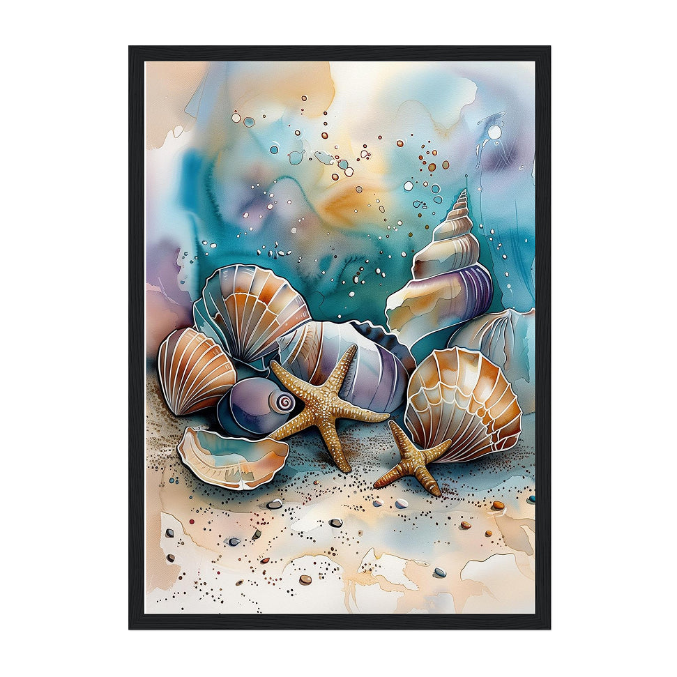 Framed artwork of seashells and a starfish on a beach with watercolor background