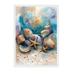 Watercolor Seashell Art Print: Teal Coastal Soft Beach Still Life Scene
