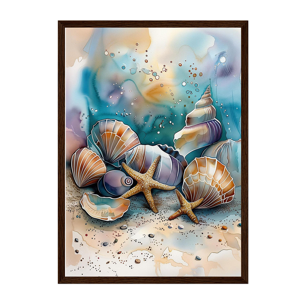Watercolor Seashell Art Print: Teal Coastal Soft Beach Still Life Scene