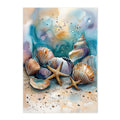 Colorful painting of seashells and starfish on a beach with water and sand.