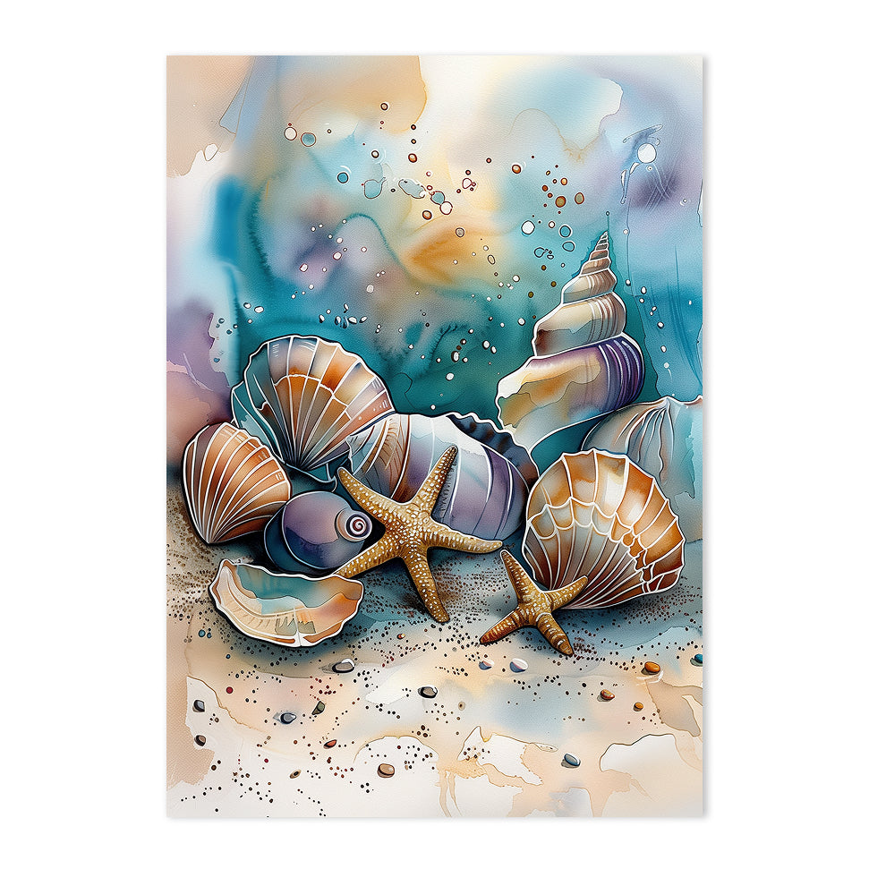 Colorful painting of seashells and starfish on a beach with water and sand.