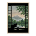 Japanese-Inspired Cat Window Art Print: Soft Green Calm Morning Landscape