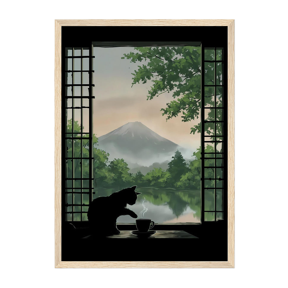 Japanese-Inspired Cat Window Art Print: Soft Green Calm Morning Landscape