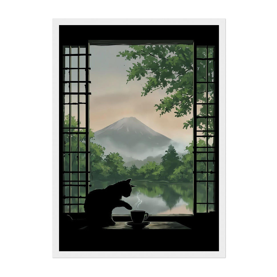 Japanese-Inspired Cat Window Art Print: Soft Green Calm Morning Landscape