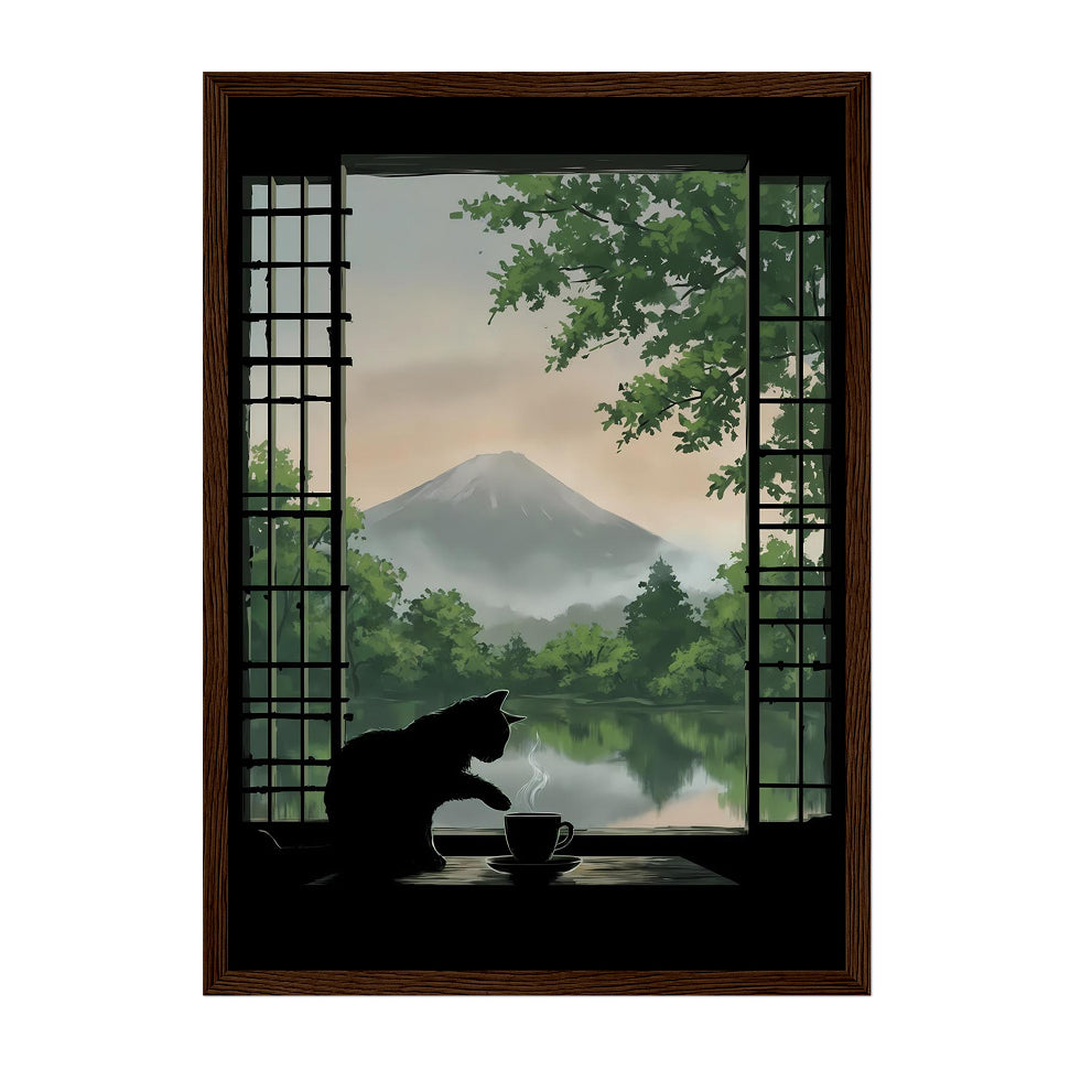 Japanese-Inspired Cat Window Art Print: Soft Green Calm Morning Landscape