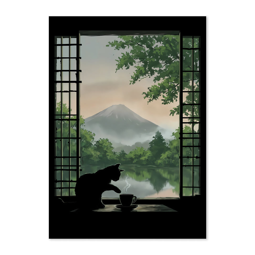 Japanese-Inspired Cat Window Art Print: Soft Green Calm Morning Landscape