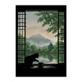 Japanese-Inspired Cat Window Art Print: Soft Green Calm Morning Landscape