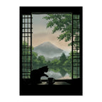 Japanese-Inspired Cat Window Art Print: Soft Green Calm Morning Landscape