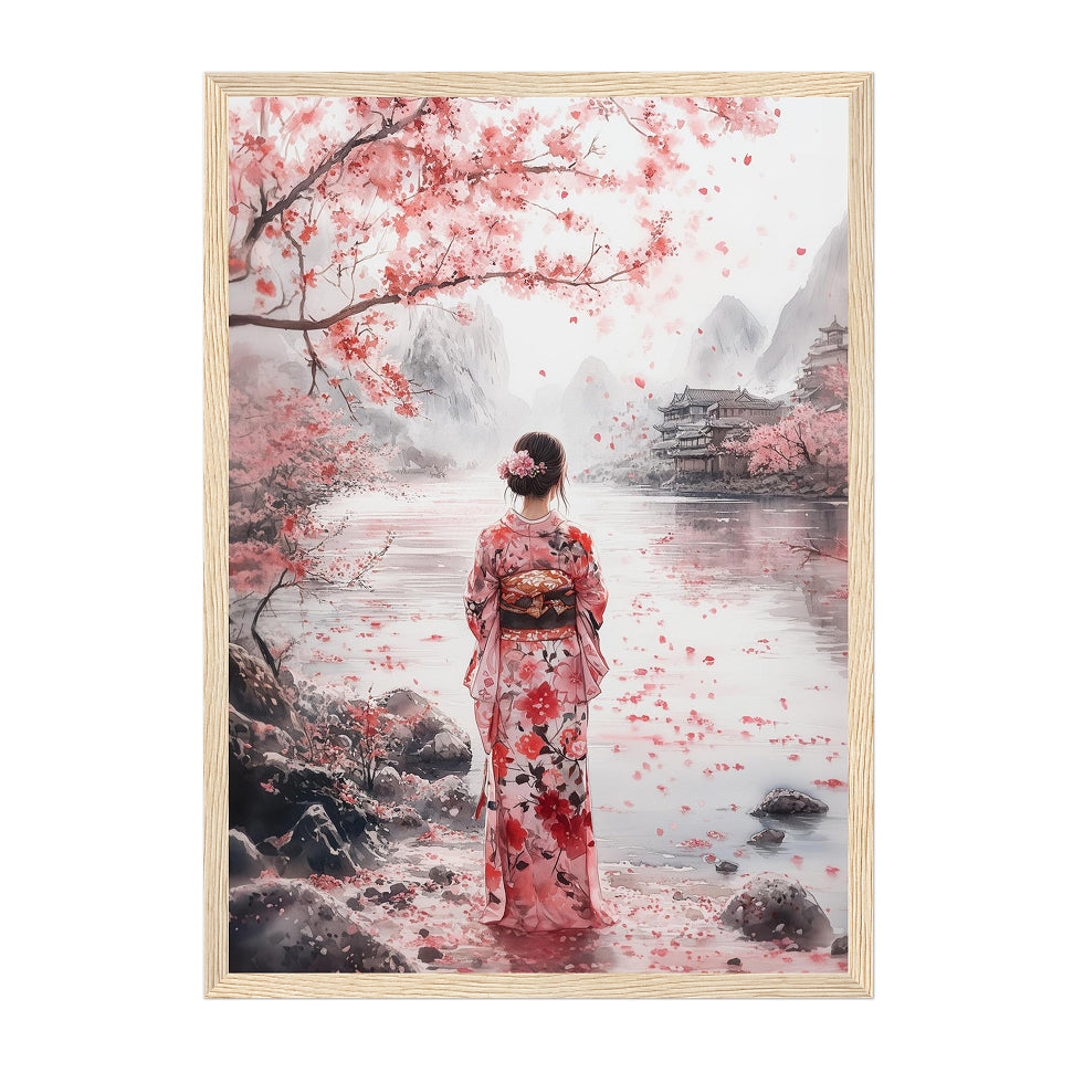 Japanese Watercolor Kimono Figure Art Print: Soft Pink Serene Cherry Blossom Scene