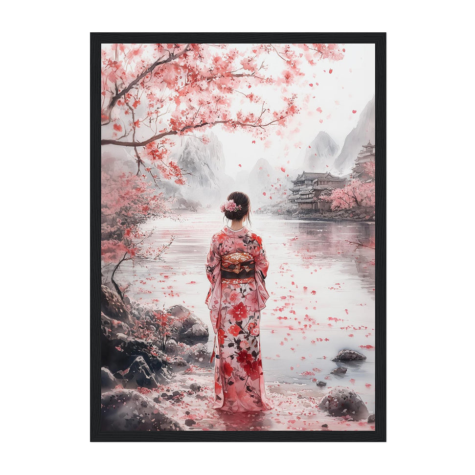 Japanese Watercolor Kimono Figure Art Print: Soft Pink Serene Cherry Blossom Scene