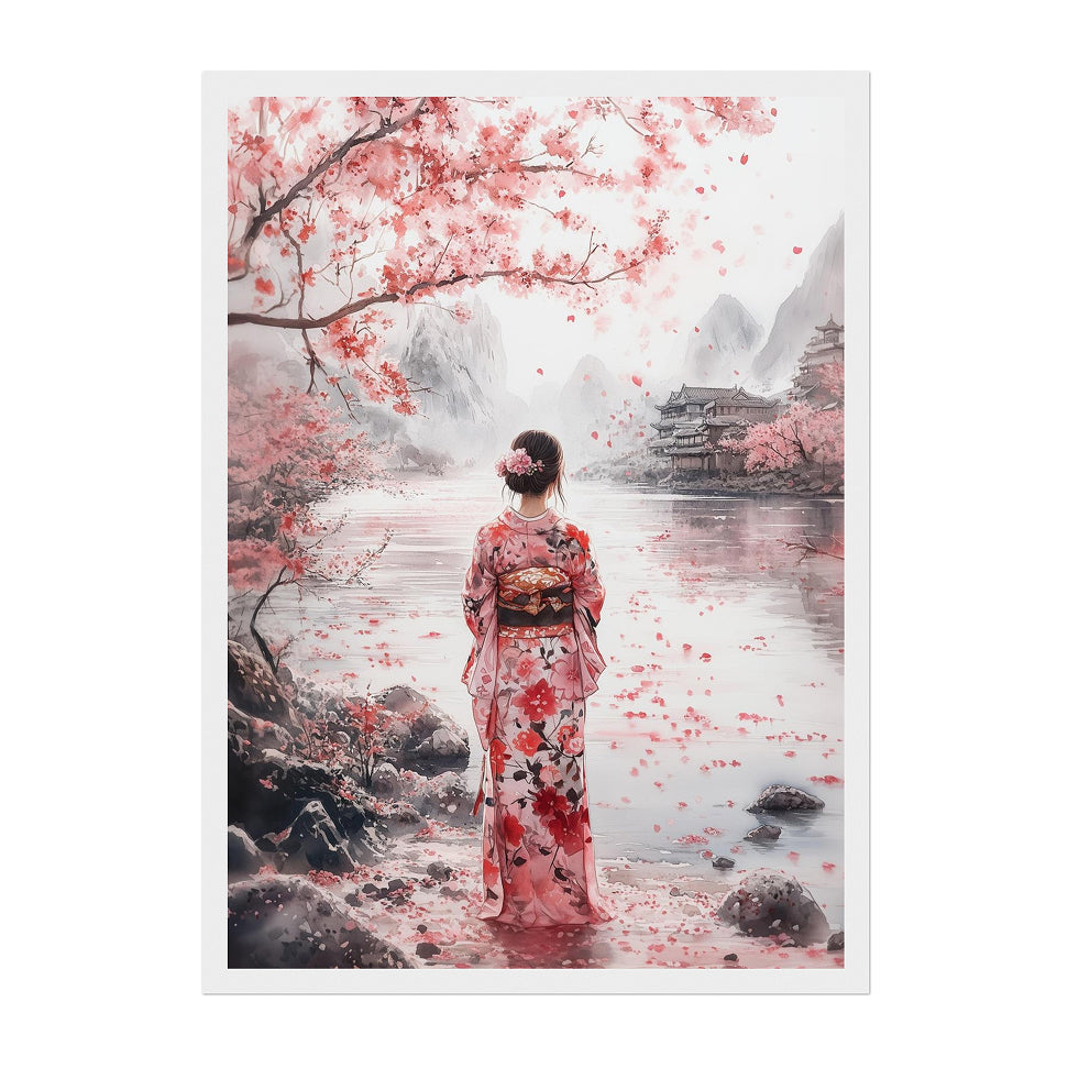 Japanese Watercolor Kimono Figure Art Print: Soft Pink Serene Cherry Blossom Scene