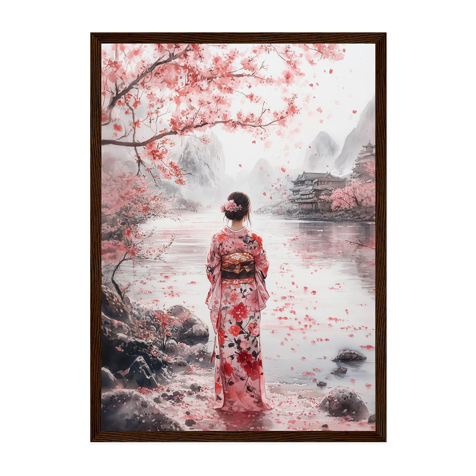 Japanese Watercolor Kimono Figure Art Print: Soft Pink Serene Cherry Blossom Scene