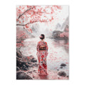 Japanese Watercolor Kimono Figure Art Print: Soft Pink Serene Cherry Blossom Scene
