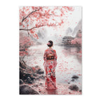 Japanese Watercolor Kimono Figure Art Print: Soft Pink Serene Cherry Blossom Scene