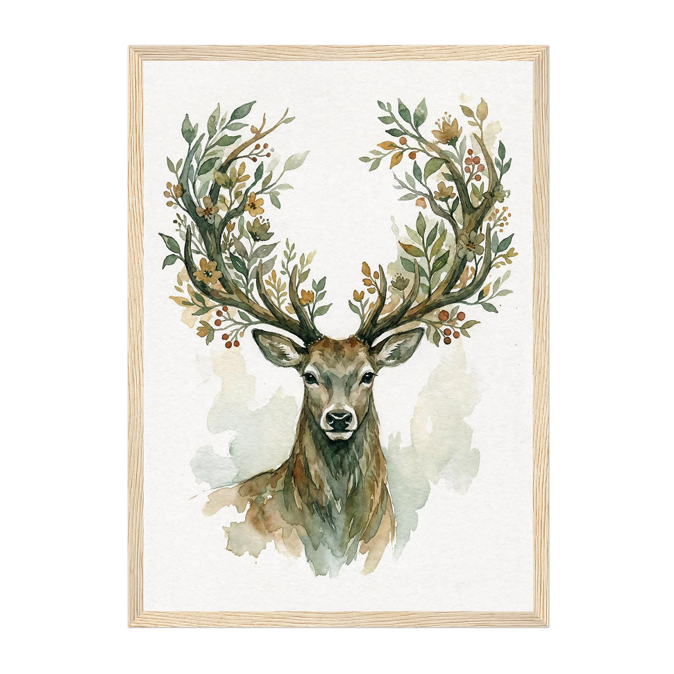 Watercolor Botanical Stag Art Print: Earthy Calm Woodland Portrait